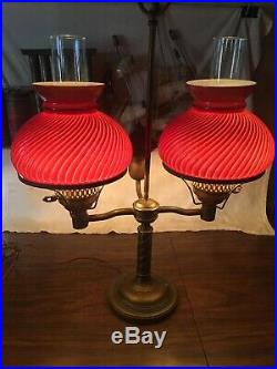 Vintage Double Arm Student Table Lamp Withruby Red Glass Shades Hurricane Brass Ba