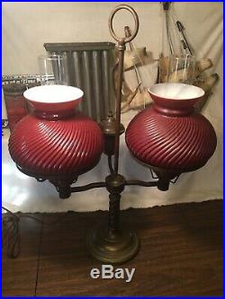 Vintage Double Arm Student Table Lamp Withruby Red Glass Shades Hurricane Brass Ba