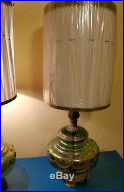 Vintage EK 1972 Carnival Glass Hollywood Regency Lamps with Shades
