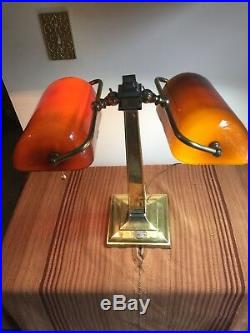 Vintage Emeralite DOUBLE Antique Partners Desk Lamp with Amber Glass Shades