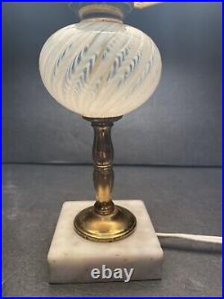 Vintage Fenton Glass Table Lamp Opalescent Swirl Brass Marble Base Chimney Shade
