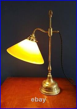 Vintage French Art Deco Style Brass Desk/ Table Lamp. Cognac/ White Glass shade