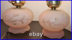 Vintage Frosted Pink Glass Floral Hurricane Boudoir Globe Table Lamp SET