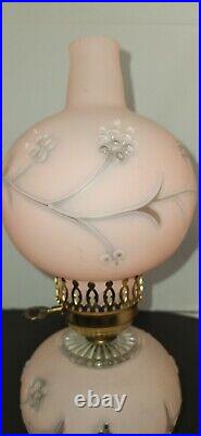 Vintage Frosted Pink Glass Floral Hurricane Boudoir Globe Table Lamp SET