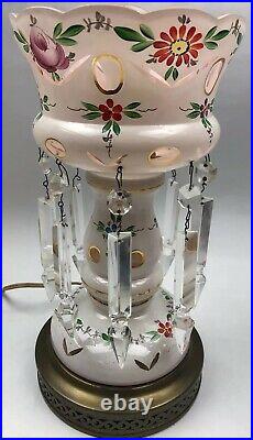 Vintage GLASS HANDPAINTED & CUT Polished Floral Table LAMP WithCrystal Prisms