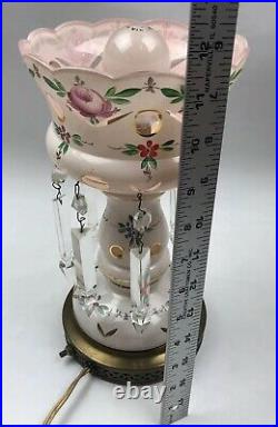 Vintage GLASS HANDPAINTED & CUT Polished Floral Table LAMP WithCrystal Prisms