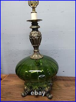 Vintage Green Optical Glass Brass Base Hollywood Regency Mid Century Table Lamp