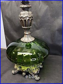 Vintage Green Optical Glass Brass Base Hollywood Regency Mid Century Table Lamp