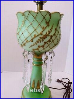 Vintage Green w. Gold Trim Lustre Table Lamp with 6 Long Prisms