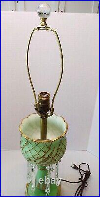 Vintage Green w. Gold Trim Lustre Table Lamp with 6 Long Prisms