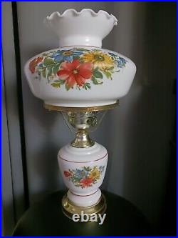 Vintage Hand Painted Milk Glass Hurricane Table Lamp, Colonial Lamp