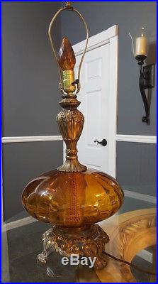 Vintage Hollywood Regency Amber Glass Mid-Century Modern Table Lamp. (RARE)