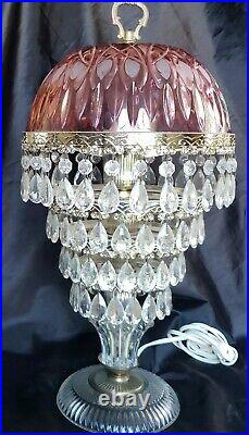 Vintage Hollywood Regency Michelotti Pink Cranberry Glass Lamp 4 Tiers Of Prisms