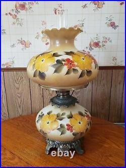 Vintage Hurricane Lamp Hand Painted Floral Yellow Flowers 23 Tall Beauty 1960's