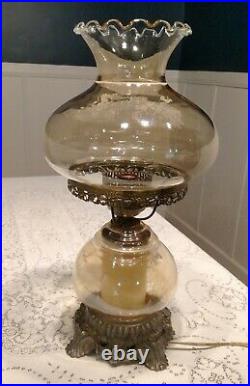 Vintage Hurricane Table Lamp Iridescent Amber Smoke Glass White Dogwood Floral