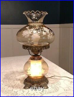 Vintage Hurricane Table Lamp Iridescent Amber Smoke Glass White Dogwood Floral