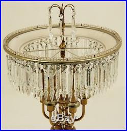 Vintage Italian Crystal Brass Marble Table Chandelier Candelabra Lamp Pair