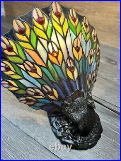 Vintage J. J Peng Stained Glass Tiffany-Style Peacock Table Lamp W10xH8