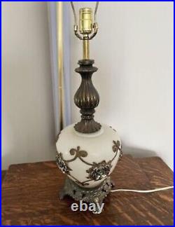 Vintage L&LWMC table lamp raised meteal flowers iridescent glass