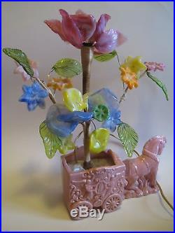 Vintage Lamp/Night Light Lamp WithGlass Flowers & Pink Ceramic Horse & Wagon