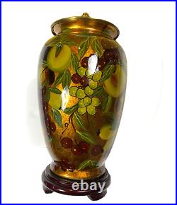 Vintage Large Painted Urn Table Lamp Italian Style Fruit Vibrant Porcelain Brass