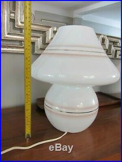Vintage Large Pair Murano Glass Pink stripe Gold Band Mushroom Table Lamp 14