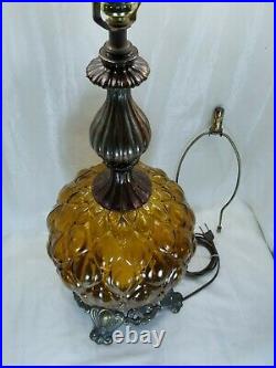 Vintage MCM 1960s Acorn Scalloped Embossed Glass Genie Globe 4-way Table Lamp