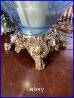Vintage MCM 1970s Hollywood Regency Ef & Ef Industries Blue Glass, Crystal Lamp