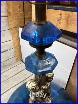 Vintage MCM Blue Glass Hollywood Regency 3 Way Diffuser Table Lamp cherub