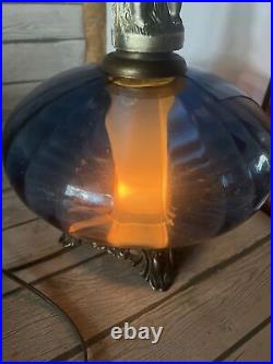 Vintage MCM Blue Glass Hollywood Regency 3 Way Diffuser Table Lamp cherub