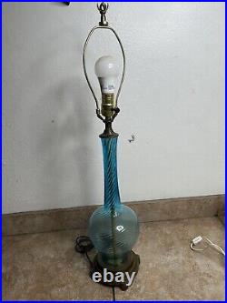 Vintage MCM Empoli Murano Italy Swirl Blue Art Glass Table Lamp
