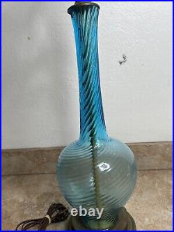 Vintage MCM Empoli Murano Italy Swirl Blue Art Glass Table Lamp