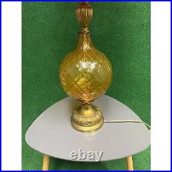 Vintage MCM Hollywood Regency Amber Glass Base Table Lamp with Shade 40