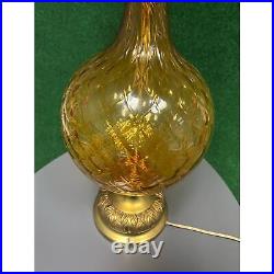 Vintage MCM Hollywood Regency Amber Glass Base Table Lamp with Shade 40