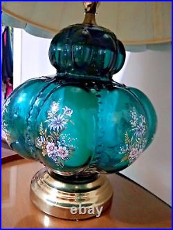 Vintage MCM Hollywood Regency Floral Painted Glass Table Lamps