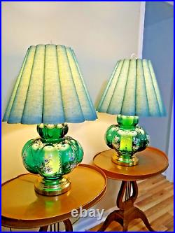 Vintage MCM Hollywood Regency Floral Painted Glass Table Lamps