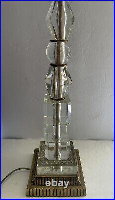 Vintage MCM Tall Table Lamp Stacked Glass Gilt Base Art Deco Hollywood Regency