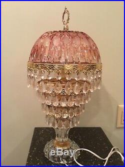 Vintage Michelotti Lead Crystal Glass Prism Boudior Parlor Lamp Pink Cranberry