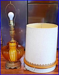 Vintage Mid Century Amber Glass Hollywood Regency Original Lampshade Table Lamp