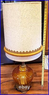Vintage Mid Century Amber Glass Hollywood Regency Original Lampshade Table Lamp