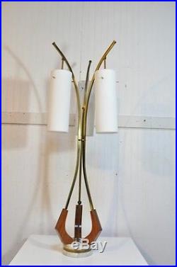 Vintage Mid Century Danish Modern 3 Way Marble Teak Brass Glass Shade Table Lamp