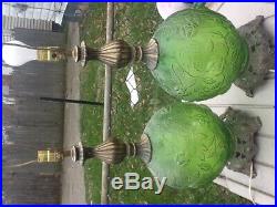 Vintage Mid Century Green Glass Table Lamp Lighted Globe Base Grapevine Design