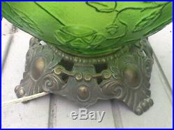 Vintage Mid Century Green Glass Table Lamp Lighted Globe Base Grapevine Design