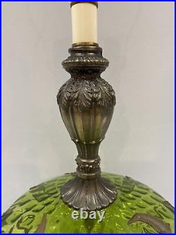 Vintage Mid Century Green Glass Table Lamp with Brass Accents Lighted Base