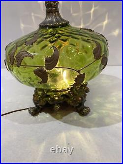 Vintage Mid Century Green Glass Table Lamp with Brass Accents Lighted Base