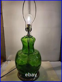 Vintage Mid Century Modern Green Art Glass Table Lamp, Works Perfect
