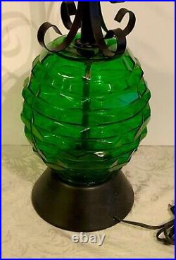 Vintage Mid Century Modern Green Glass Black Metal Ornate Table Lamp 1960s MCM