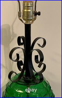Vintage Mid Century Modern Green Glass Black Metal Ornate Table Lamp 1960s MCM