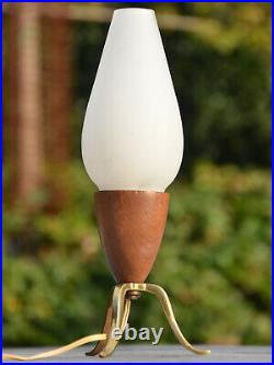 Vintage Mid Century Modern Scandinavian Teak & Opaline Glass Tripod Table Lamp