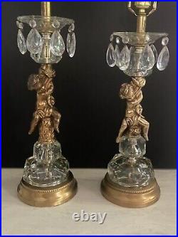 Vintage Pair Cherub Glass Table Lamps Hollywood Regency Brass Gold Glam Antique